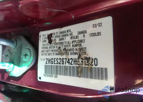 2002 Honda Civic Ex z USA, uszkodzony, nr VIN 2HGES26742H561320